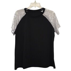 Black Short Sleeve Tee with Silver Sequin Sleeves 🖤